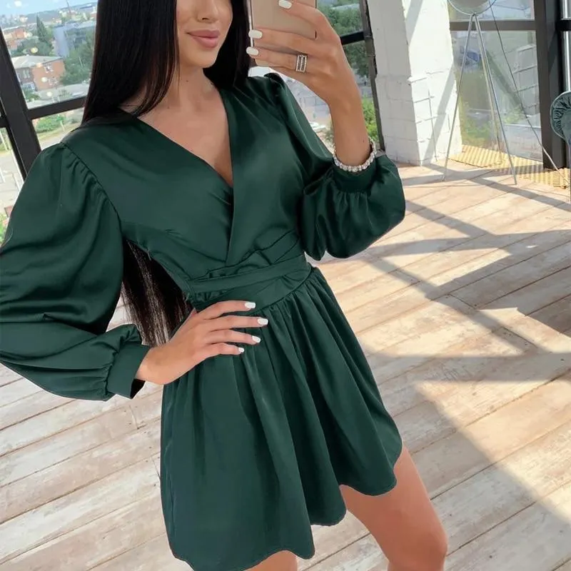 Women Sexy Sashes Satin A Line Mini Dress Deep V Neck Front Cross Lantern Sleeve Drawn Back Casual Dress 2021 New Women Dress