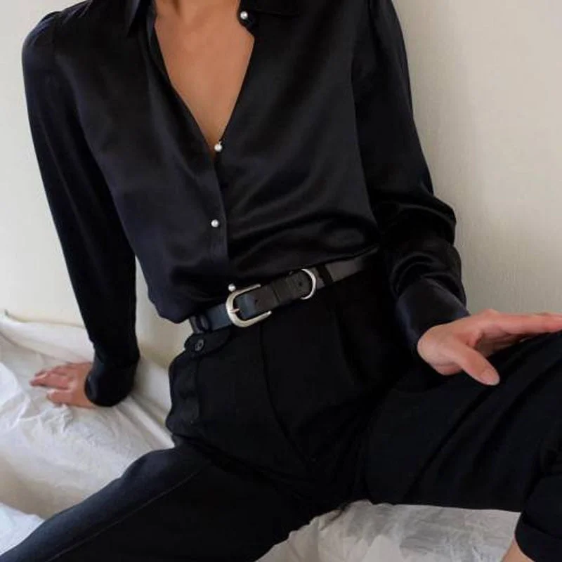 Celmia Fashion Satin Blouse 2022 Summer Women Long Sleeve Vintage Buttons Lapel Street Party Shirt Elegant Silk Tunic Top Blusas
