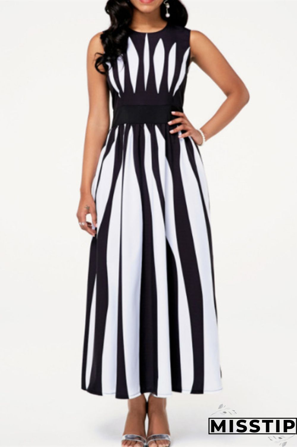 Black Purple Fashion Casual Print Patchwork O Neck Sleeveless Dress