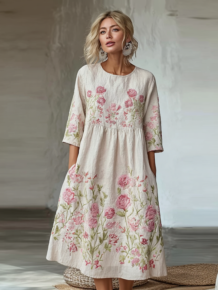 Comstylish Light Pink Rose Embroidered Pattern Women's Casual Linen Dress