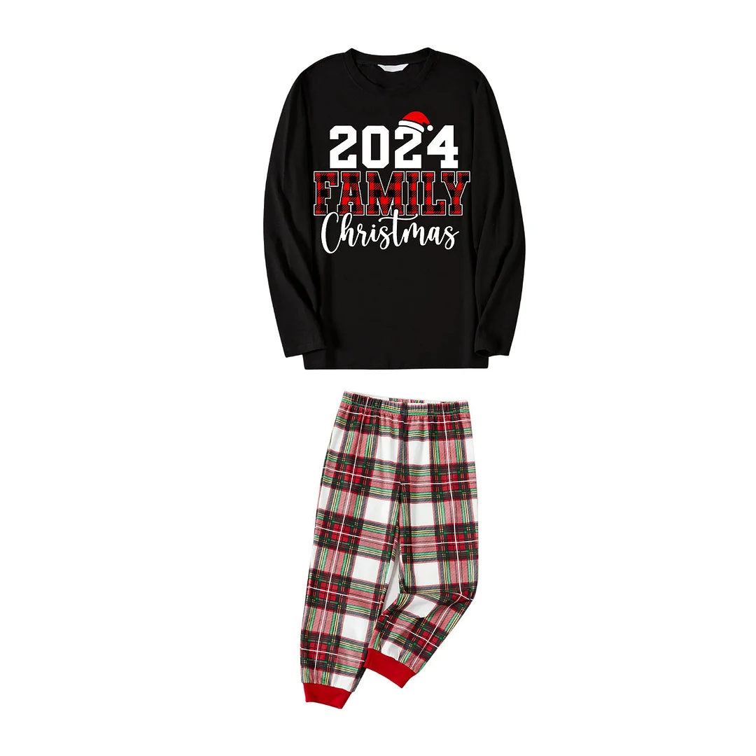 "Family Christmas 2024" Text Printed Red and White Plaid Family Matching Pajamas