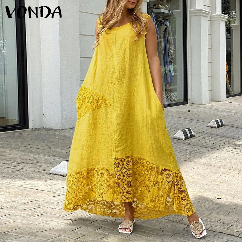 Women'Summer Sundress Vintage Lace Patchwork Asymmetric Party Dress 2022 VONDA Beach Dresses Bohemian Vestidos  Robe