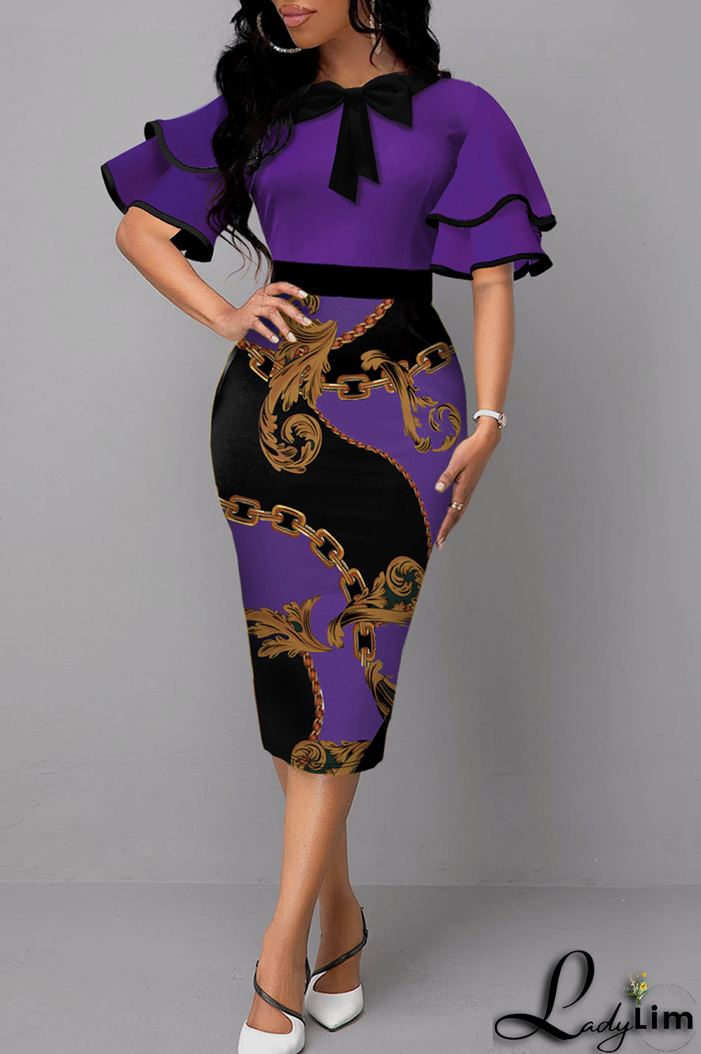 Blue Vintage Print Flounce O Neck Pencil Skirt Dresses