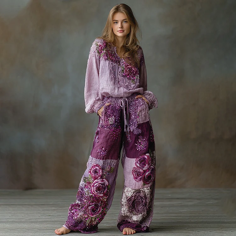 Utbros Women's Vintage Sequin Floral Patchwork Contrast Color Shirt Two-piece Set