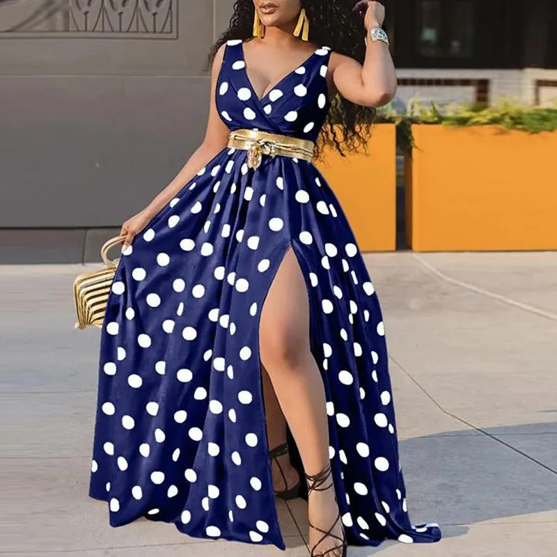 2022 VONDA Women Sleeveless V Neck Bohemian Floral Print Beach Dress Sexy High Split Hem Robe Bohemian Vestido Party Beach Dress