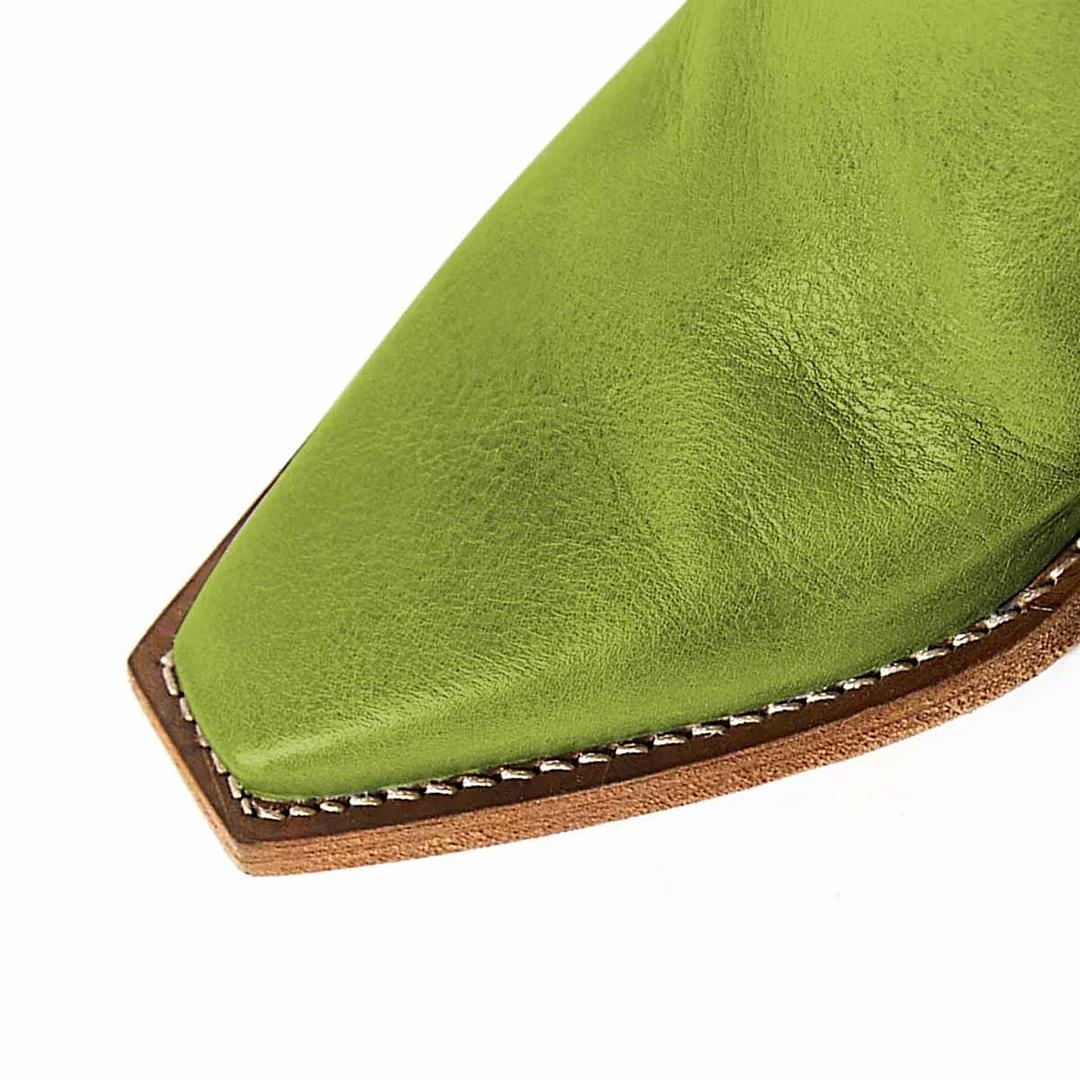 Vegan Leather Snip Toe Back-Zip Side Loops Ankle Boots in Green