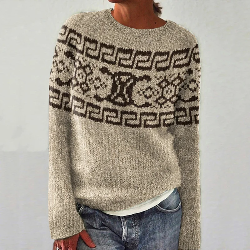 Greek Key Pattern Knit Pullover Crew Neck Sweater