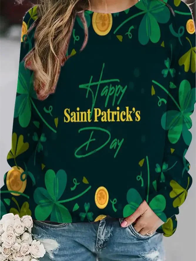 Women's Long Sleeve Scoop Neck Four Leaf Clover Printed Graphic Tops
