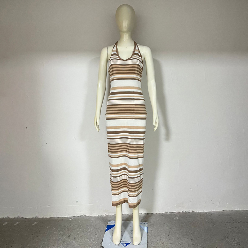 Ootddress Striped Knit Bandage Dress Female Backless Casual Beach Holiday V-Neck Slim High Waist Contrast Maxi Dress Women Clothes