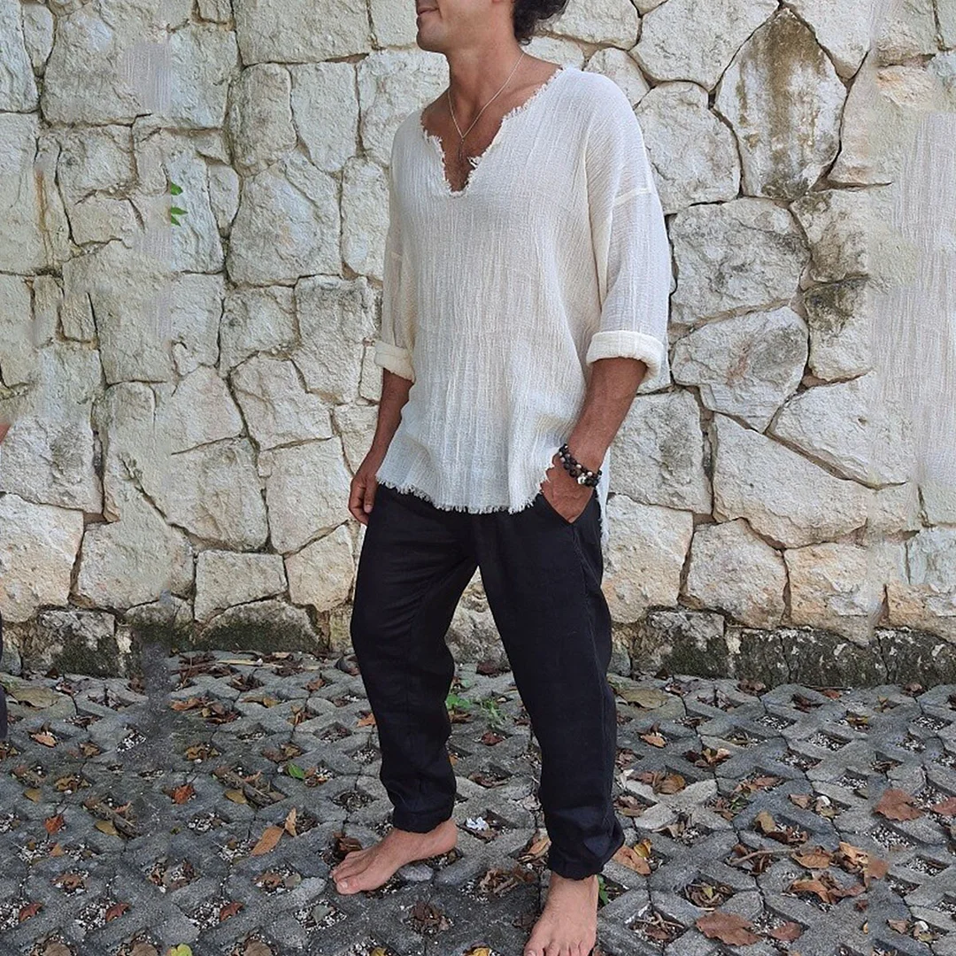 Men's V-neck Linen Long Sleeve Shirt-inspireuse