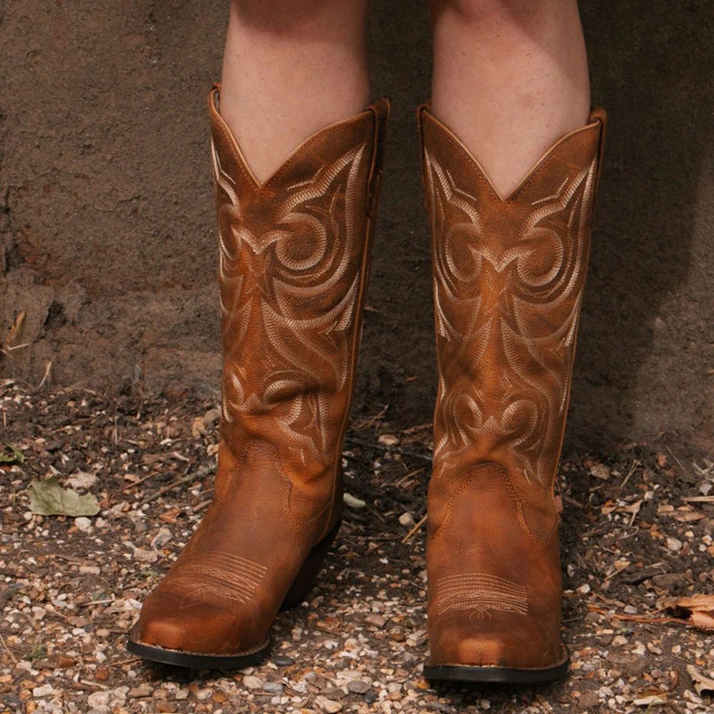 Brown Chunky Heel Embroidered Snip Toe Cowgirl Mid-Calf Boots
