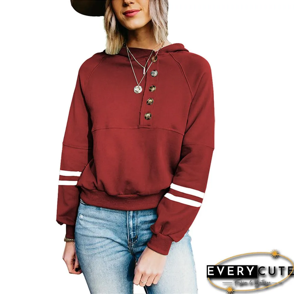 Wine Red Buttoned Long Sleeve Hoodie