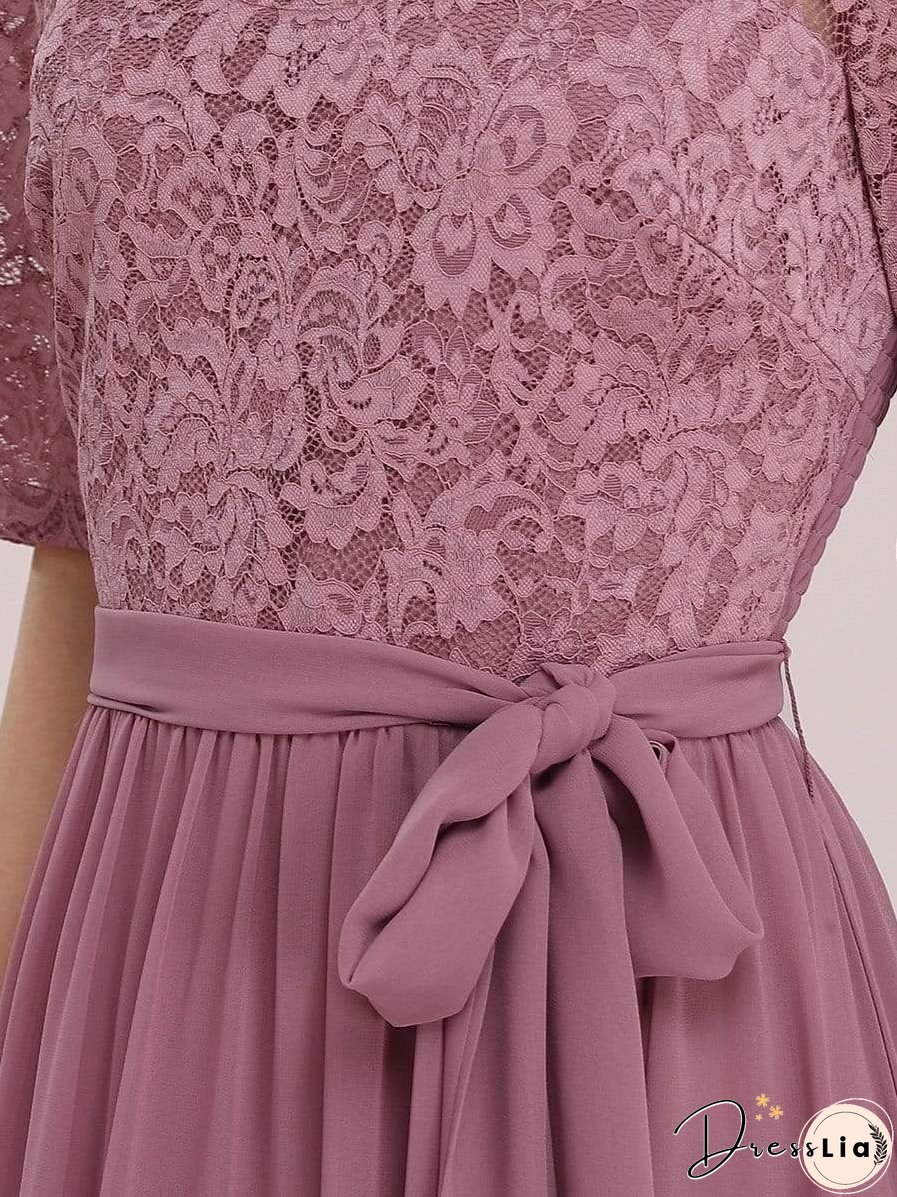 Sophisticated Lace Bodice Chiffon Maxi Evening Gown with Belt for Elegant Occasions