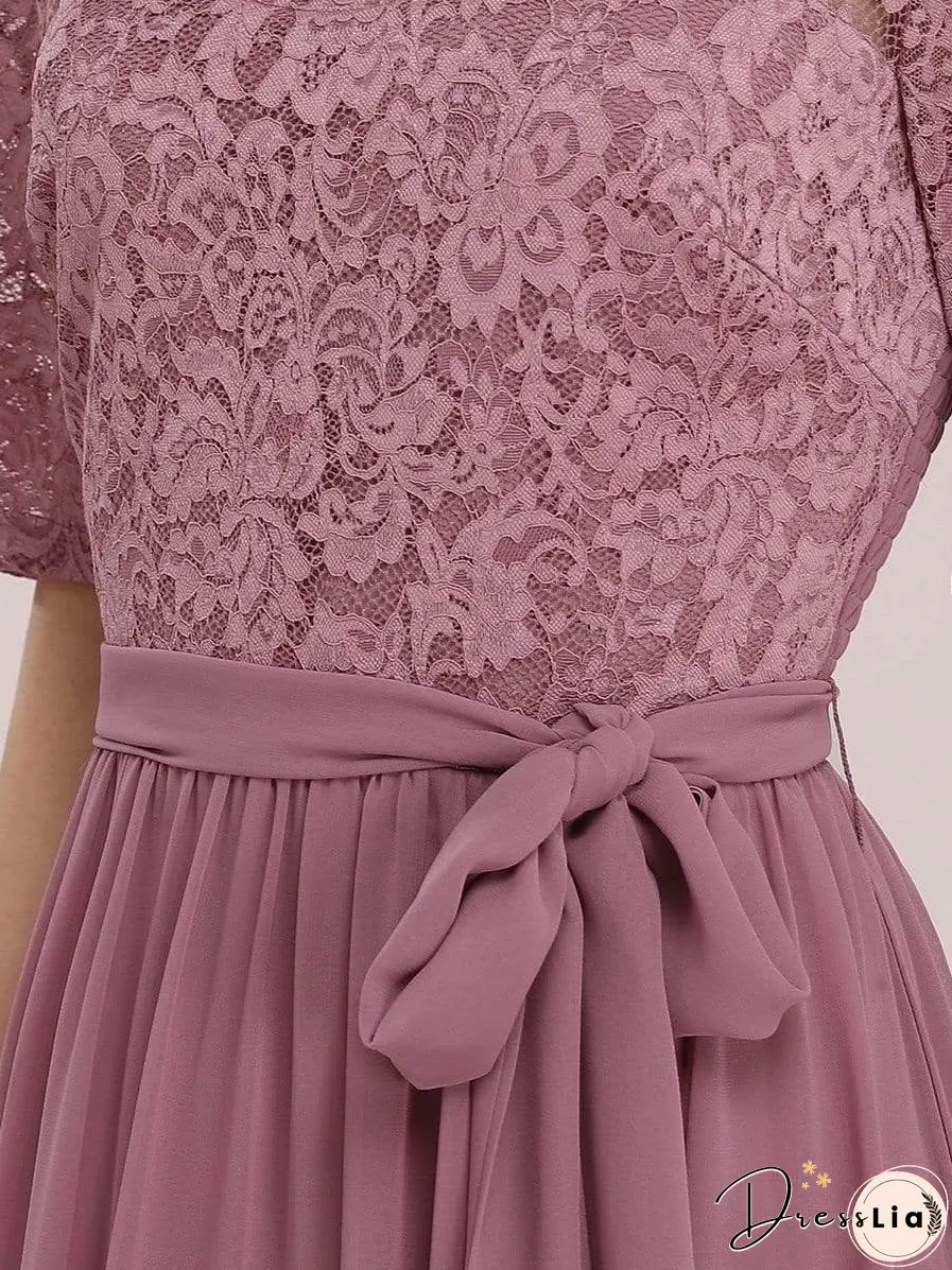 Sophisticated Lace Bodice Chiffon Maxi Evening Gown with Belt for Elegant Occasions