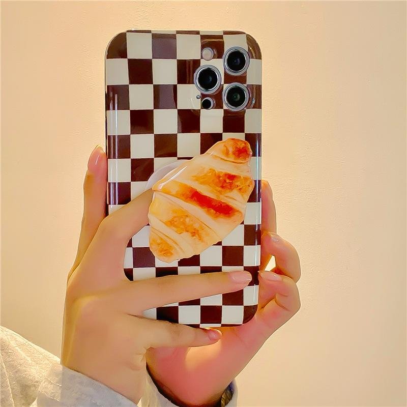 Cute Croissant Folded Bracket Chocolate Color Chess Case For iPhone