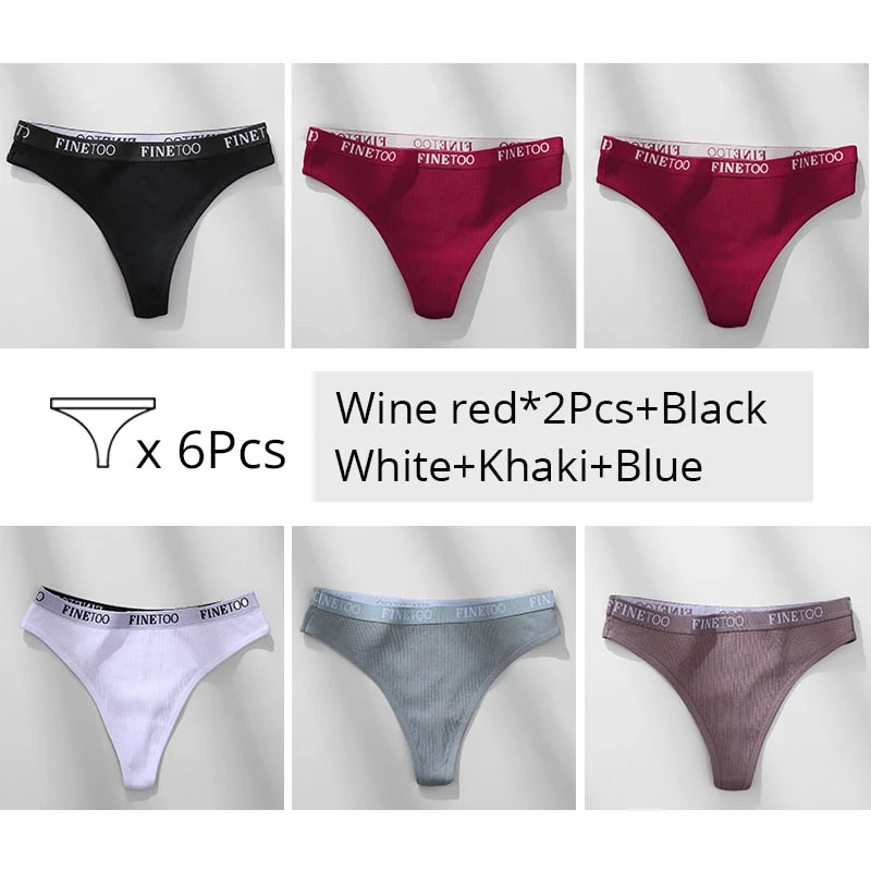 FINETOO Trendy Letter Thongs Cotton G-string Underwear M-XL Girls Bikini Underpants Comfortable Thong Panties 6Pcs Female Panty
