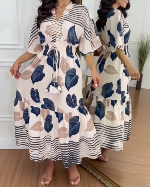 Tropical Leaves Print V-Neck Batwing Sleeve Shirred Waist Ruffle Hem Dress Casual Striped Spliced Tie Front Cinched Waist Vacation Dress-0119