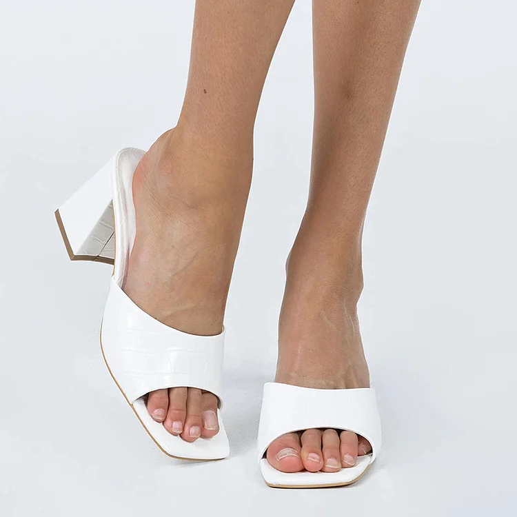 White Square Toe Chunky Heel Office Sandals Vdcoo