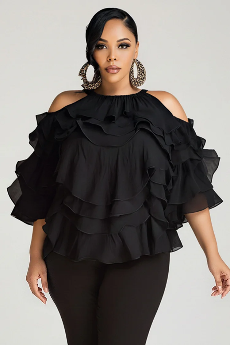 Xpluswear Design Plus Size Daily Black Round Neck Cold Shoulder Short Sleeve Ruffle Tiered Chiffon Blouses [Pre-Order] 2024 - Xpluswear