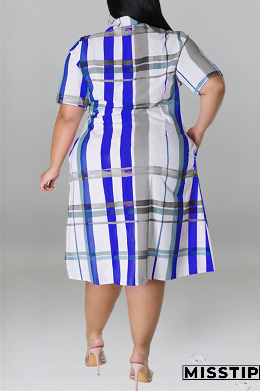 Blue Fashion Casual Plus Size Plaid Print Patchwork Turndown Collar Shirt Dress