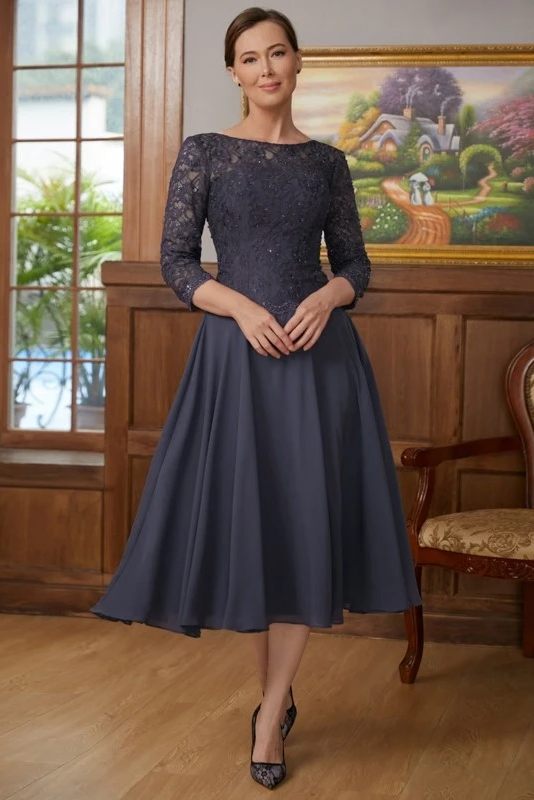 Daisda Chiffon And Lace Scoop 3/4 Sleeves Tea-Length A-Line Embroidery Mother Of The Bride Dress