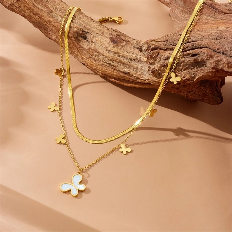 Elegant Heart Shape Butterfly 304 Stainless Steel 18K Gold Plated Double Layer Necklaces