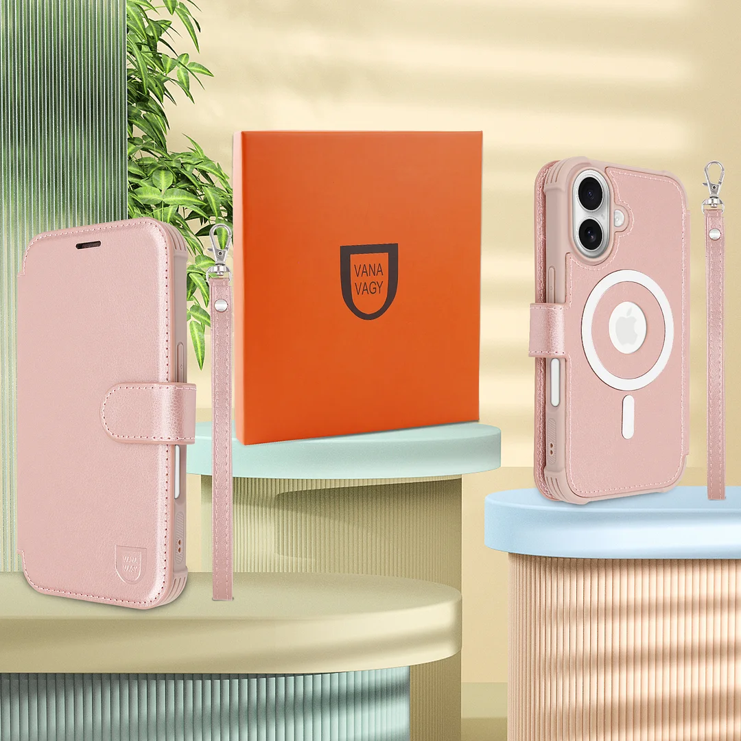 VANAVAGY Compatible for iPhone 16 Wallet Case for Magsafe Wireless Charging,Leather Flip Folio Wrist [Glass Screen Protectors & Camera Lens Protectors] with RFID Block Card Holder