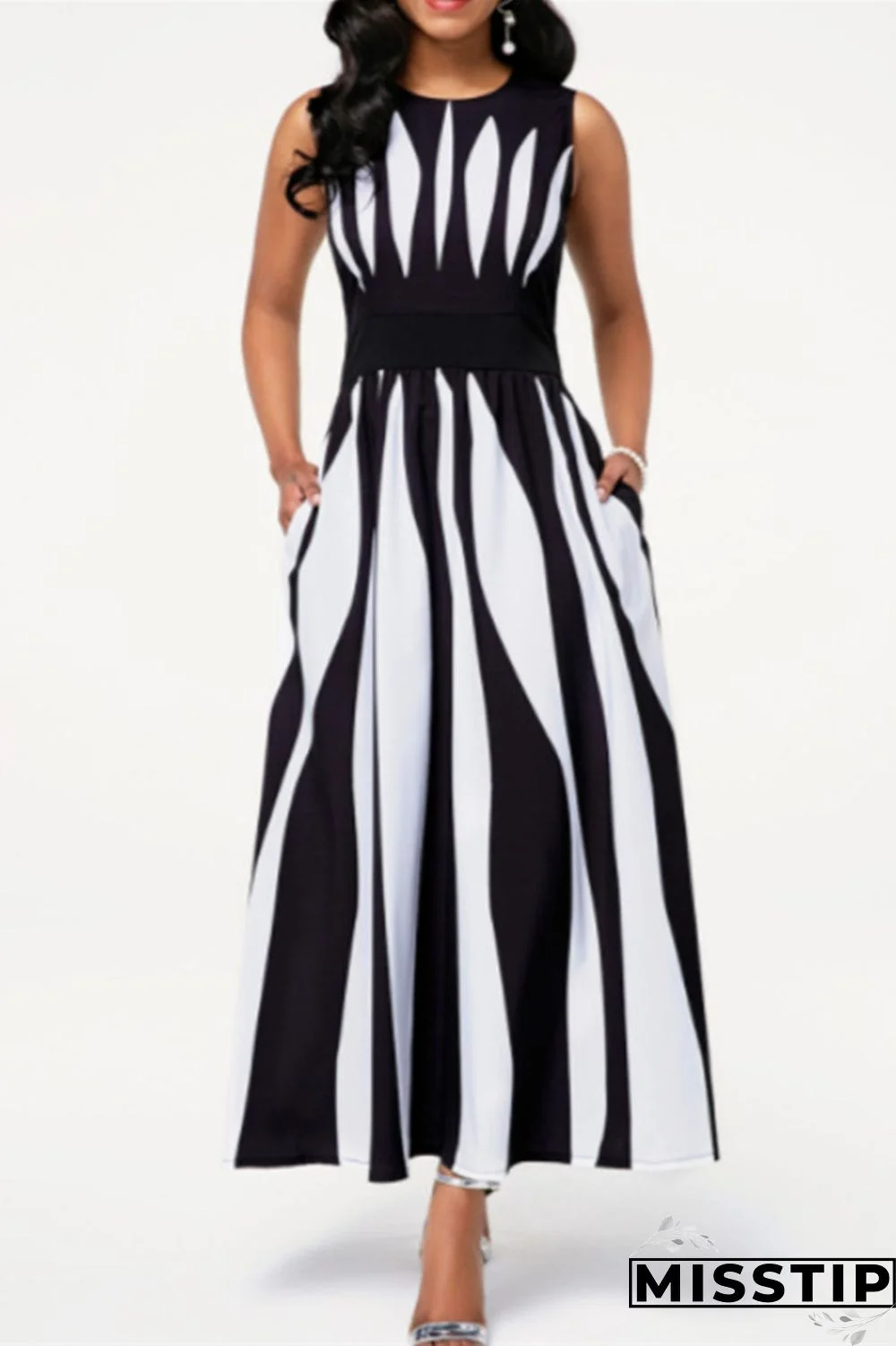 Black Purple Fashion Casual Print Patchwork O Neck Sleeveless Dress