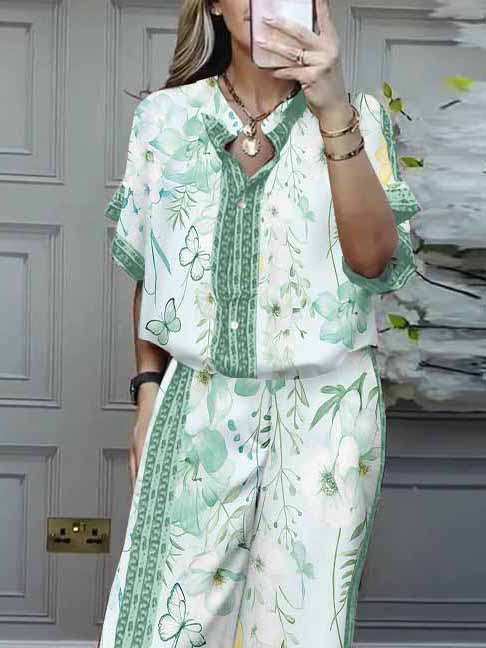 Women Floral, Green, Yellow DZDL1147 V-neck Short Sleeve Blouse and Pants Set