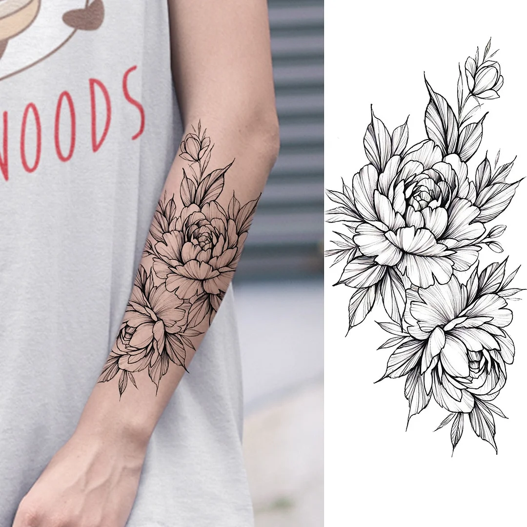 Black Rose Flower Snake Temporary Tattoos For Women Adult Peony Serpent Fake Tattoo Forearm Body Art Painting Waterproof Tatoos