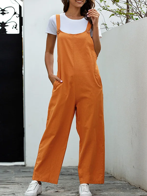 Solid Color Buttoned Loose Overalls
