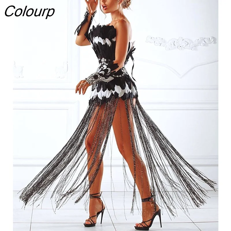 Colourp Quality Celebrity Feather Strapless Tassel Long Rayon Bandage Dress Evening Party Bodycon Dress