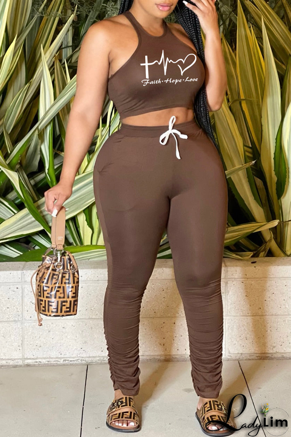 Blue Fashion Print Fold U Neck Sleeveless Two Pieces