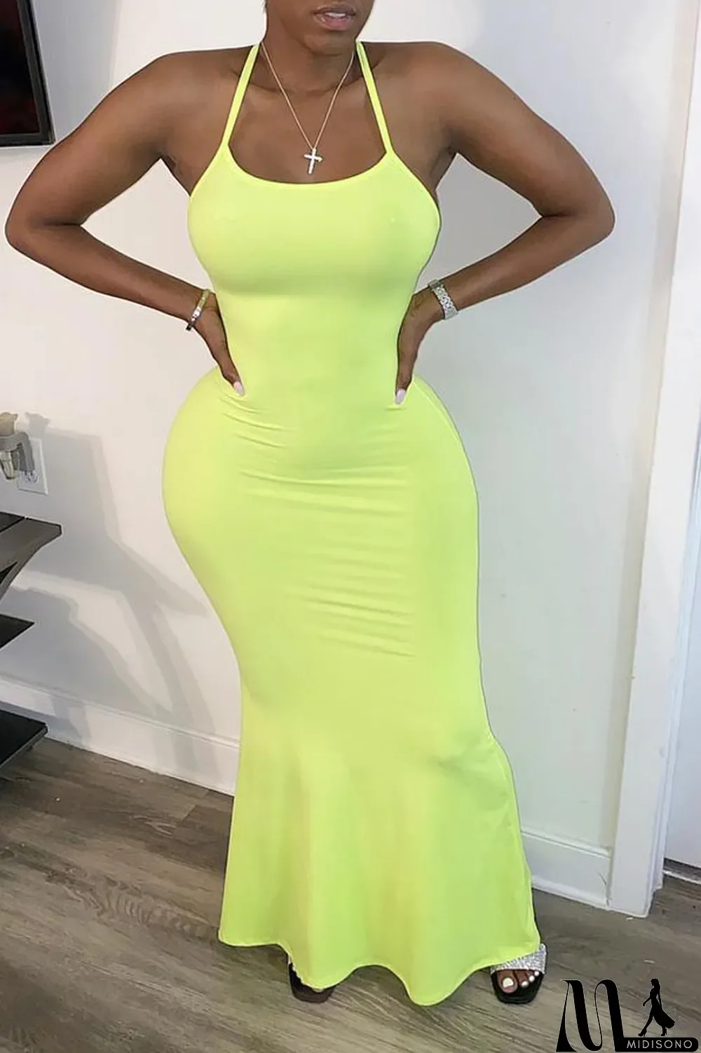 MidiSono - Orange Sexy Orange rose red Shallow yellow Spaghetti Strap Sleeveless Slip Mermaid Ankle-Length Solid Dresses