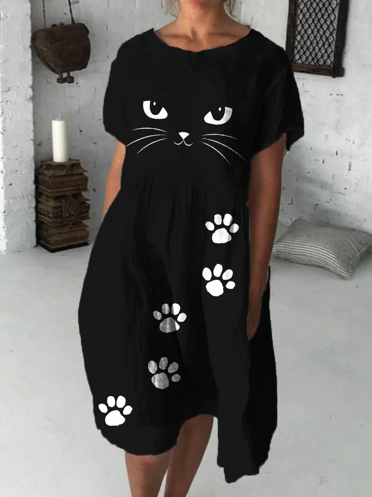 Black Cat Face Paw Print Midi Dress