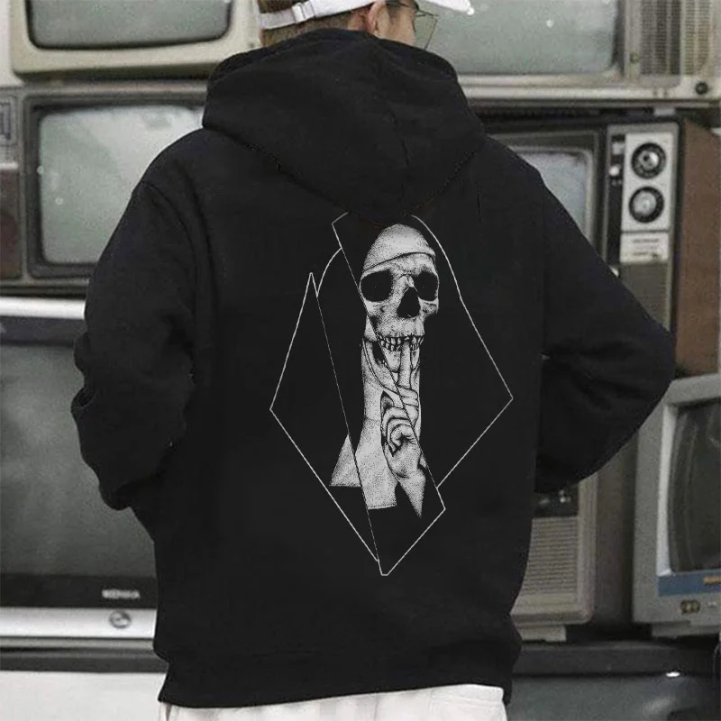 Skeleton Nun Screen Cutting Casual Graphic Black Print Hoodie