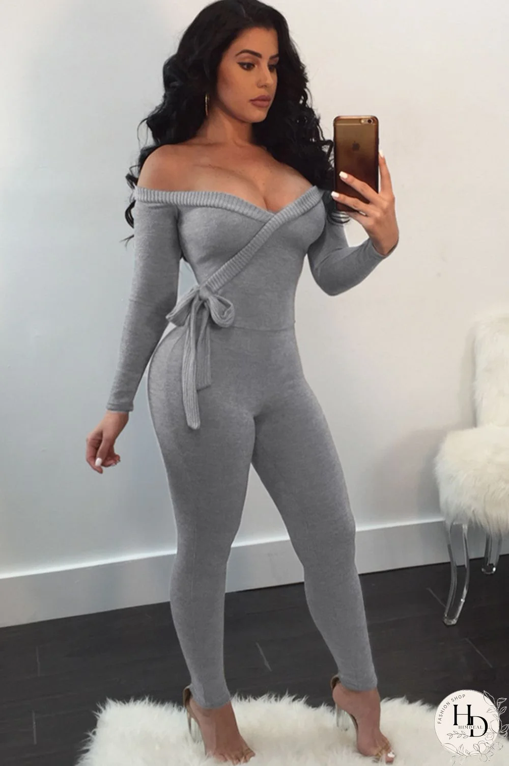 Light Gray Sexy Solid bandage Patchwork Long Sleeve V Neck Jumpsuits