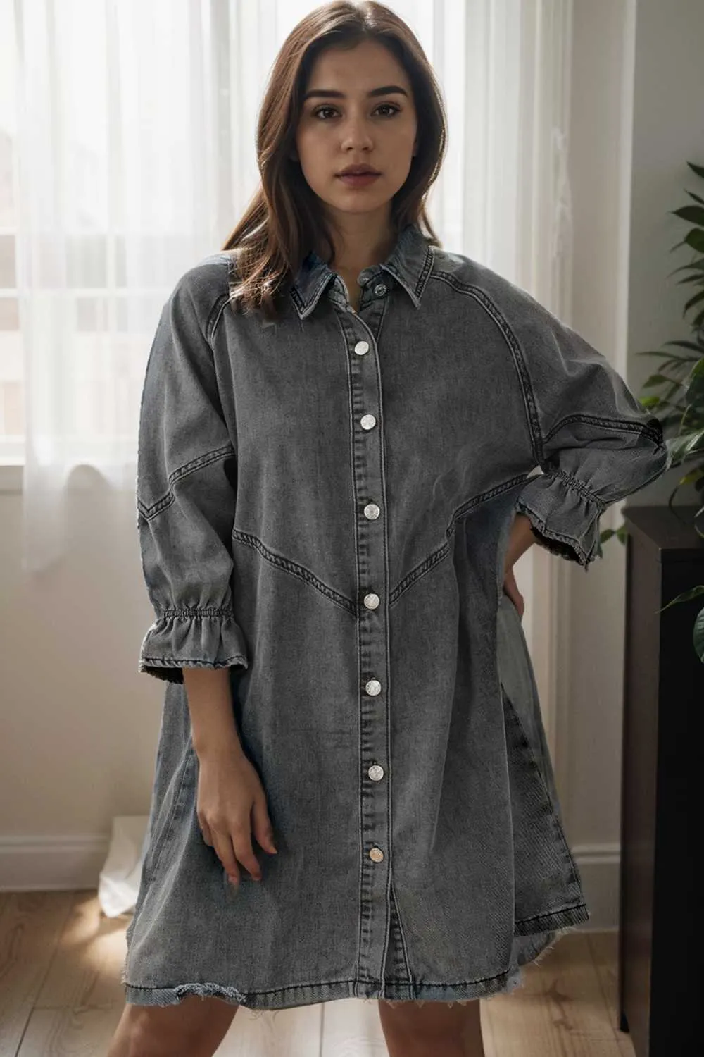 chic gray denim mini dress with button detail