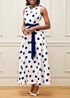 White Polka Dot Double Side Pockets Belted Dress