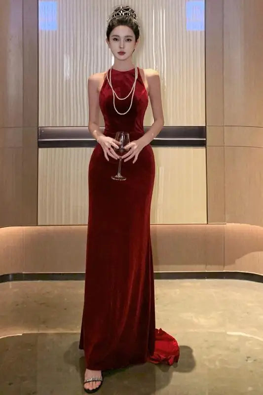 Women Vintage Red Halter Sleeveless Backless Bodycon Velvet Dress French Sexy Party Elegant Slim Fishtail Evening Dresses Summer Aiertu