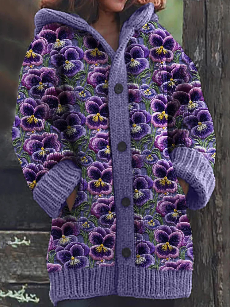 Wearshes Pansy Floral Embroidery Pattern Cozy Hooded Cardigan