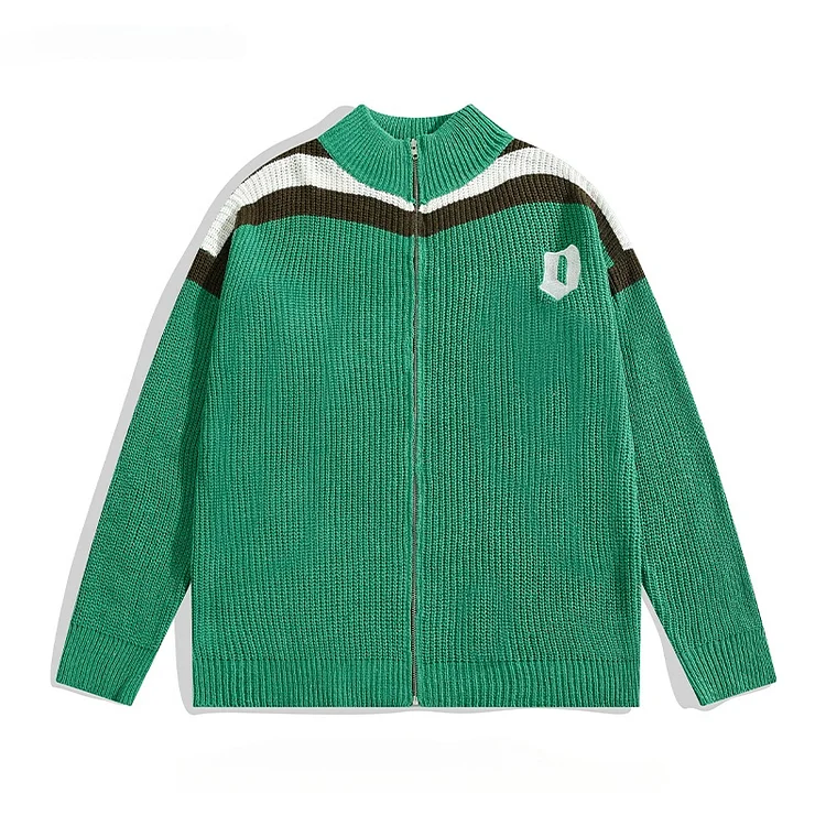 Demandernyc Men's Retro Contrast Color Zipper Sweater Cardigan Hong Kong Style National Trendy Casual Versatile Knitted Jacket Male Clothing