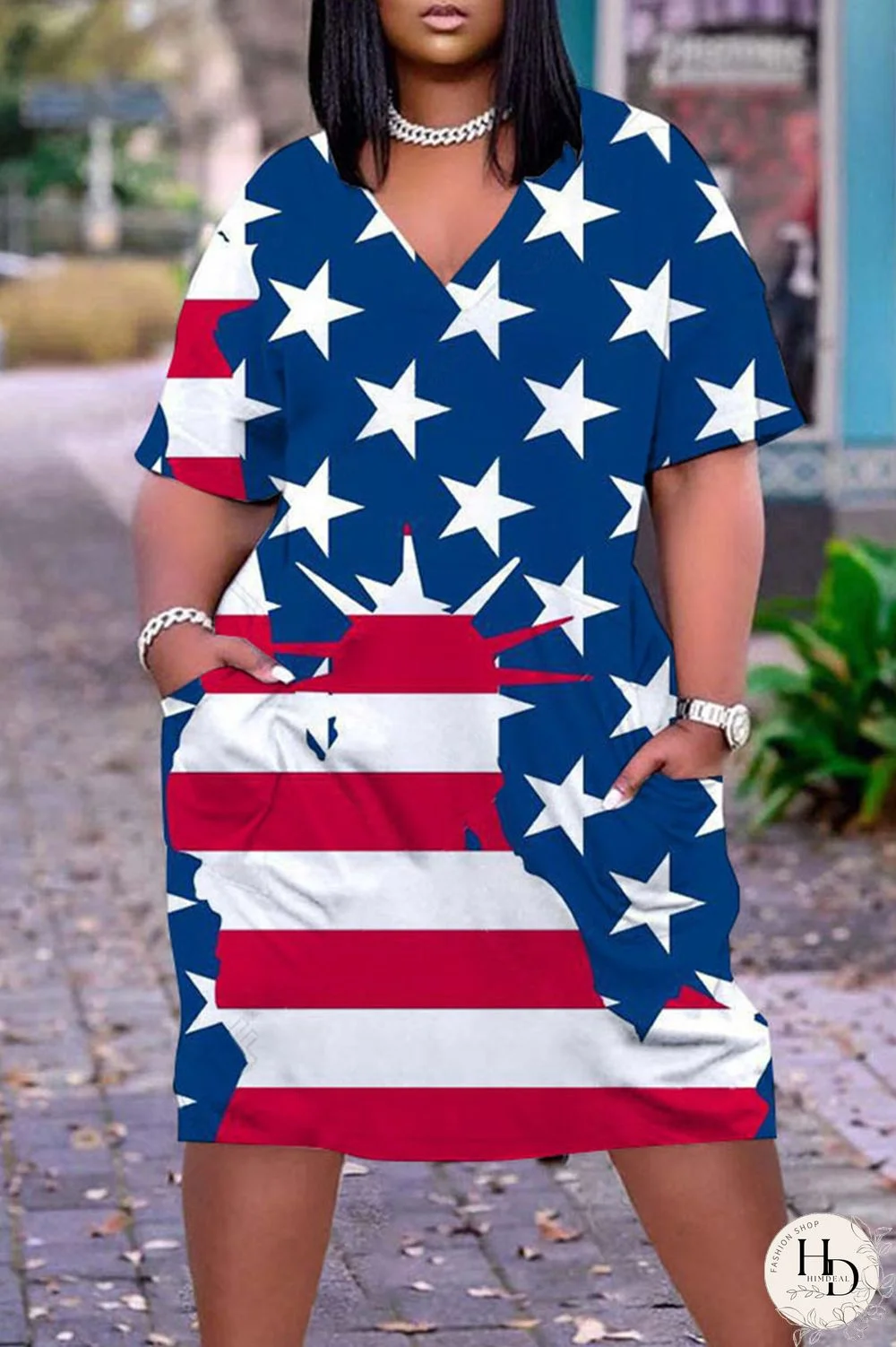 White Blue Red Casual Print Patchwork V Neck Dresses