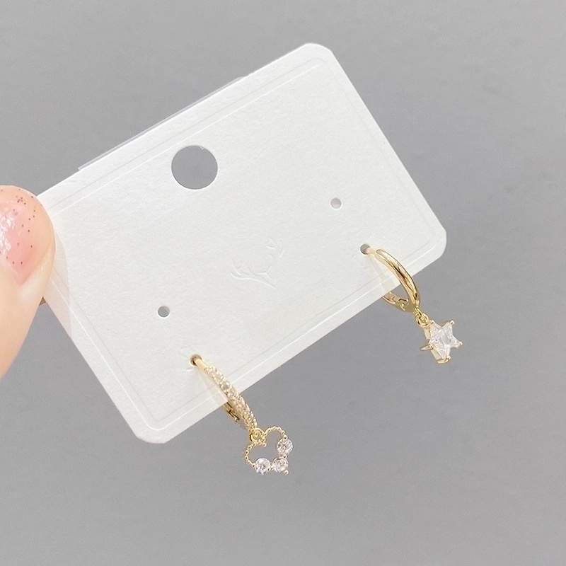 Sweet Moon Heart Shape Crown Copper Drop Earrings Asymmetrical Inlay Zircon Copper Earrings 3 Pairs