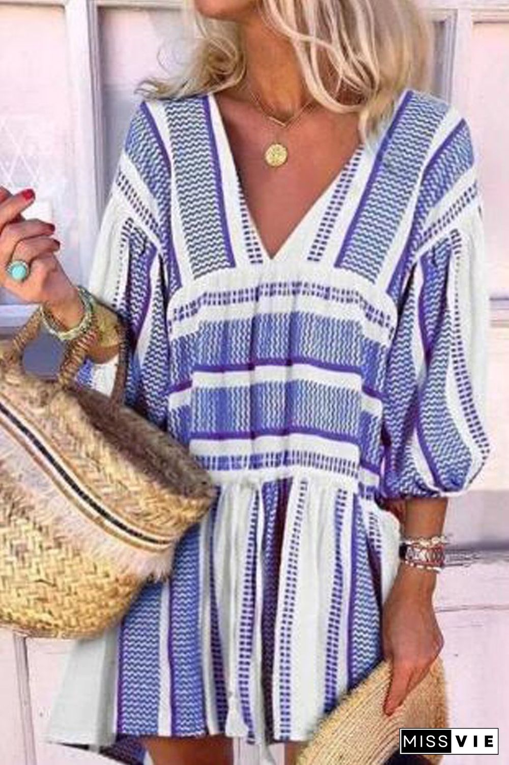 V-Neck Stripe Three Quarter Sleeve Dress