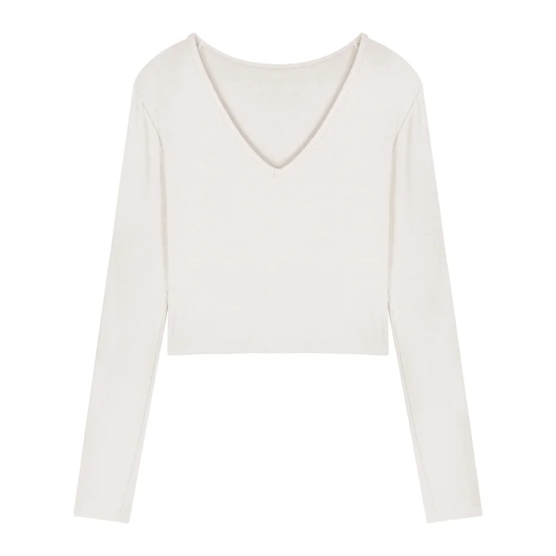 Uveng Uveng Women's Short Slim Long Sleeve With Bottom Shirt Autumn 2024 New Sexy V-Neck Collarbone Student Top Female