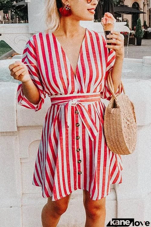 Pockets Stripe Button Mini Dress