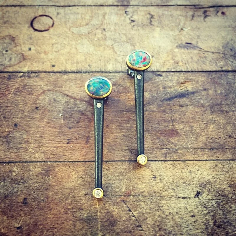 Extra Long Metal Plated Gun Black Earrings Inlaid Opal Women's Hook Earrings