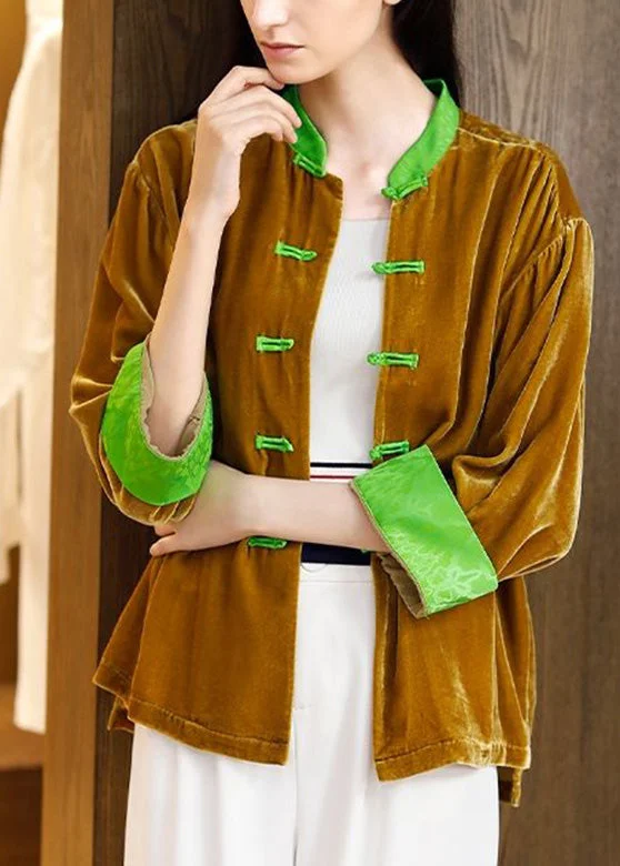 Brief Yellow Stand Collar Patchwork Button Velour Coats Spring