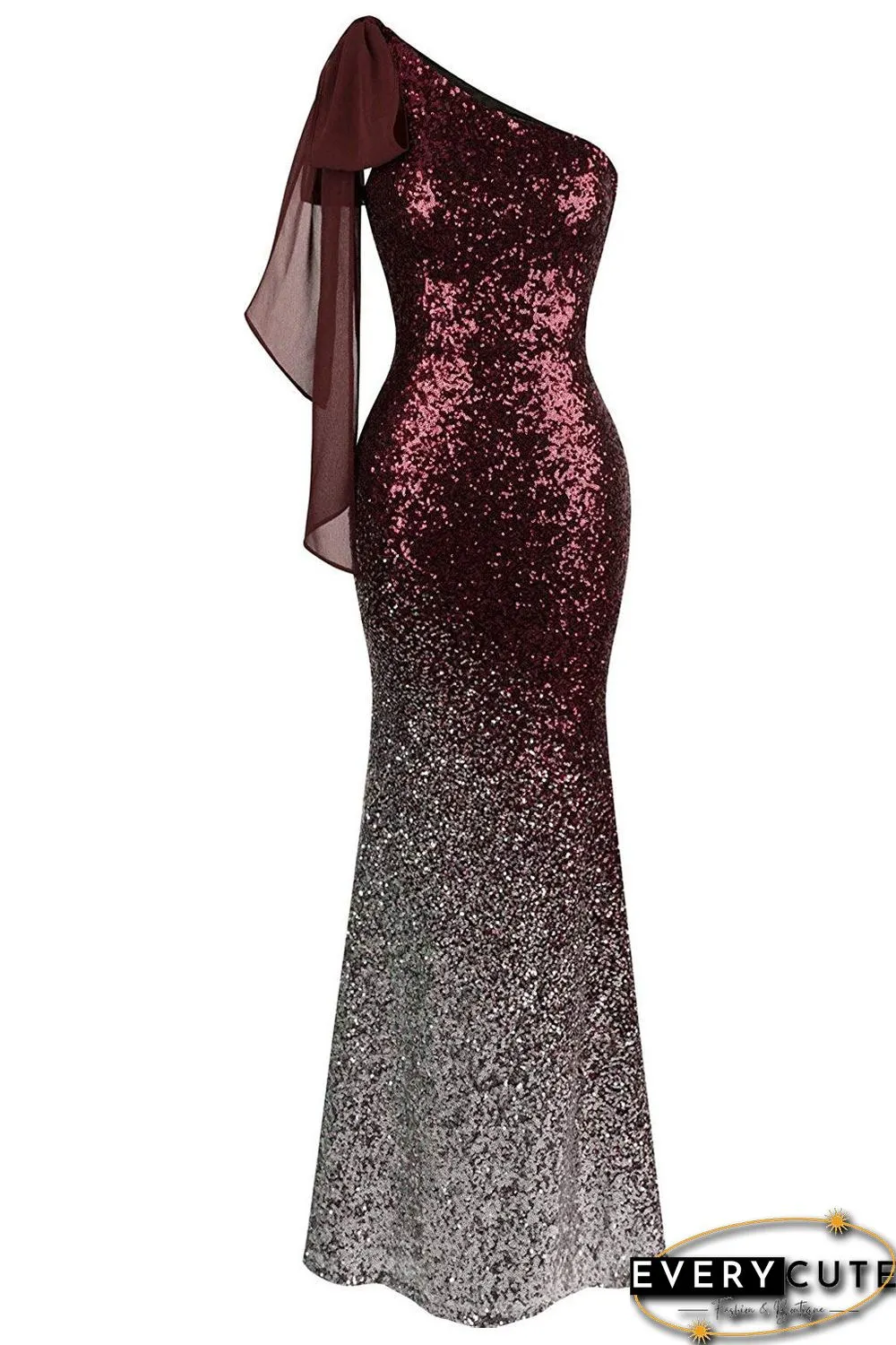 Red Gradient One Shoulder Sequin Party Evening Dress